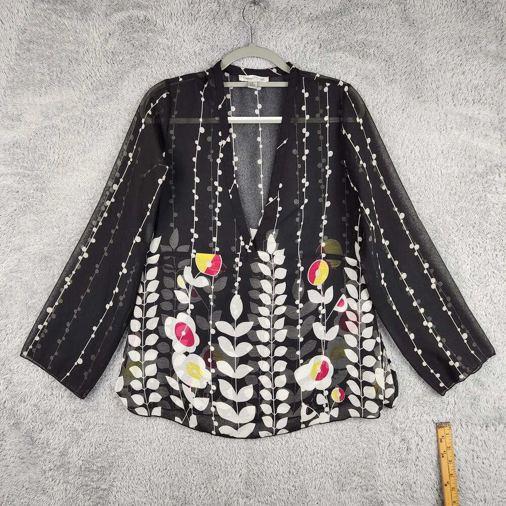 Coldwater Creek Blouse Womens Small Black Floral Sheer Chiffon Tunic Top Boho